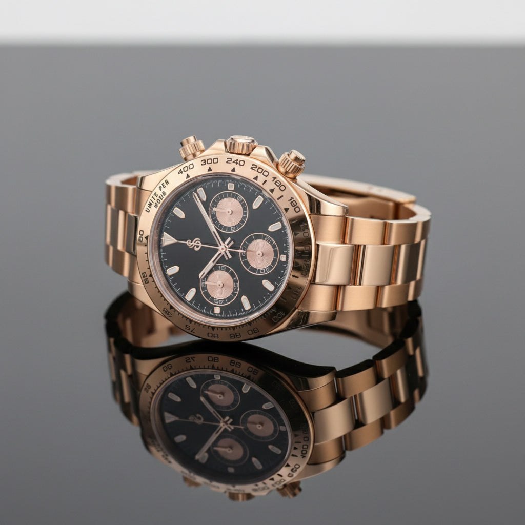 Seitona Rose Gold Black Dial chronograph watch by Modtime with 40mm case and sapphire crystal