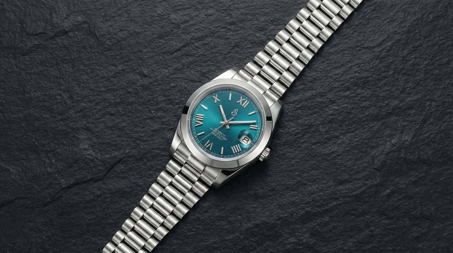 SeikJust Date Window watch with tiff blue Roman numeral dial and NH35 automatic movement by Modtime Creations