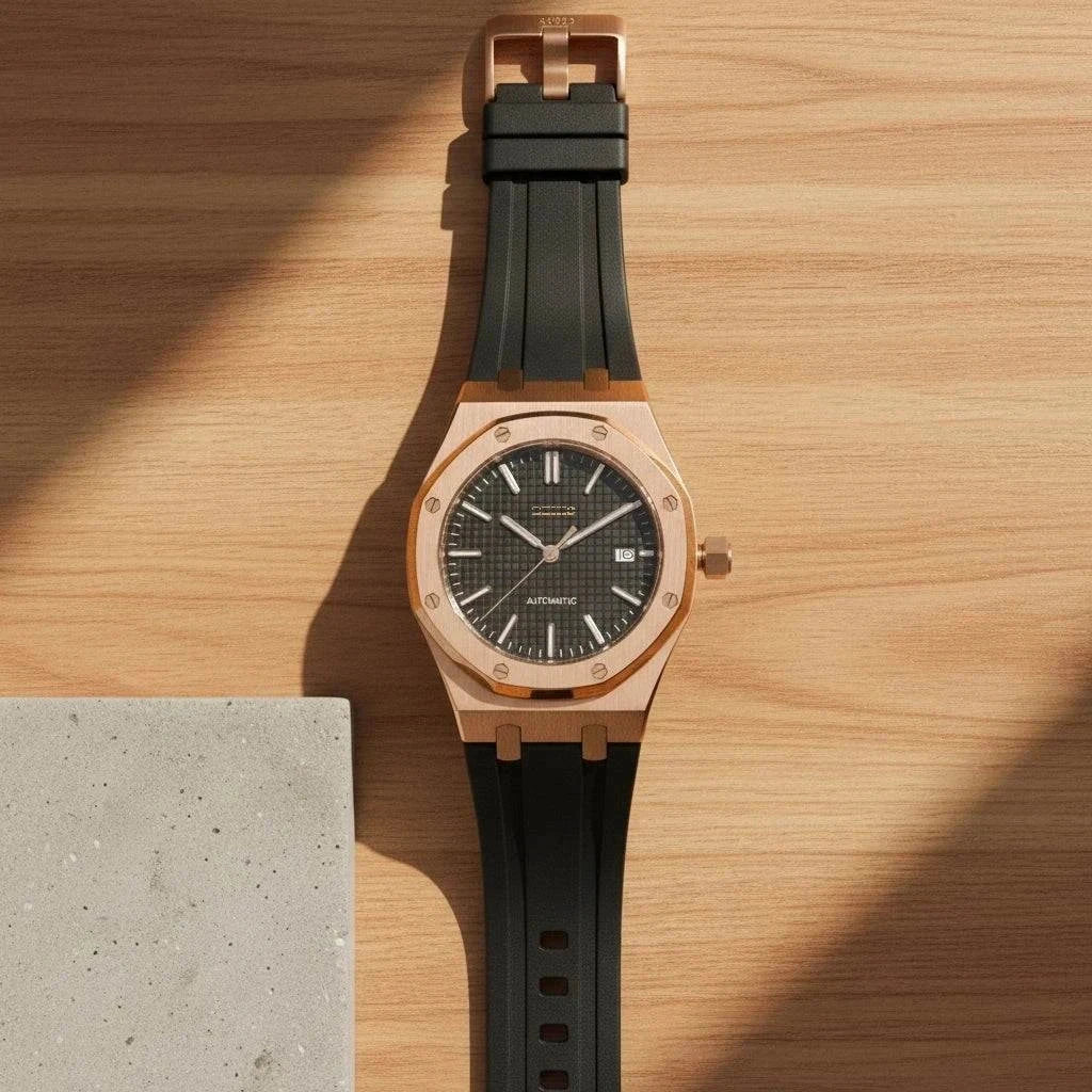 Seiko mod Heritage Oak rose gold watch with black dial and sapphire crystal