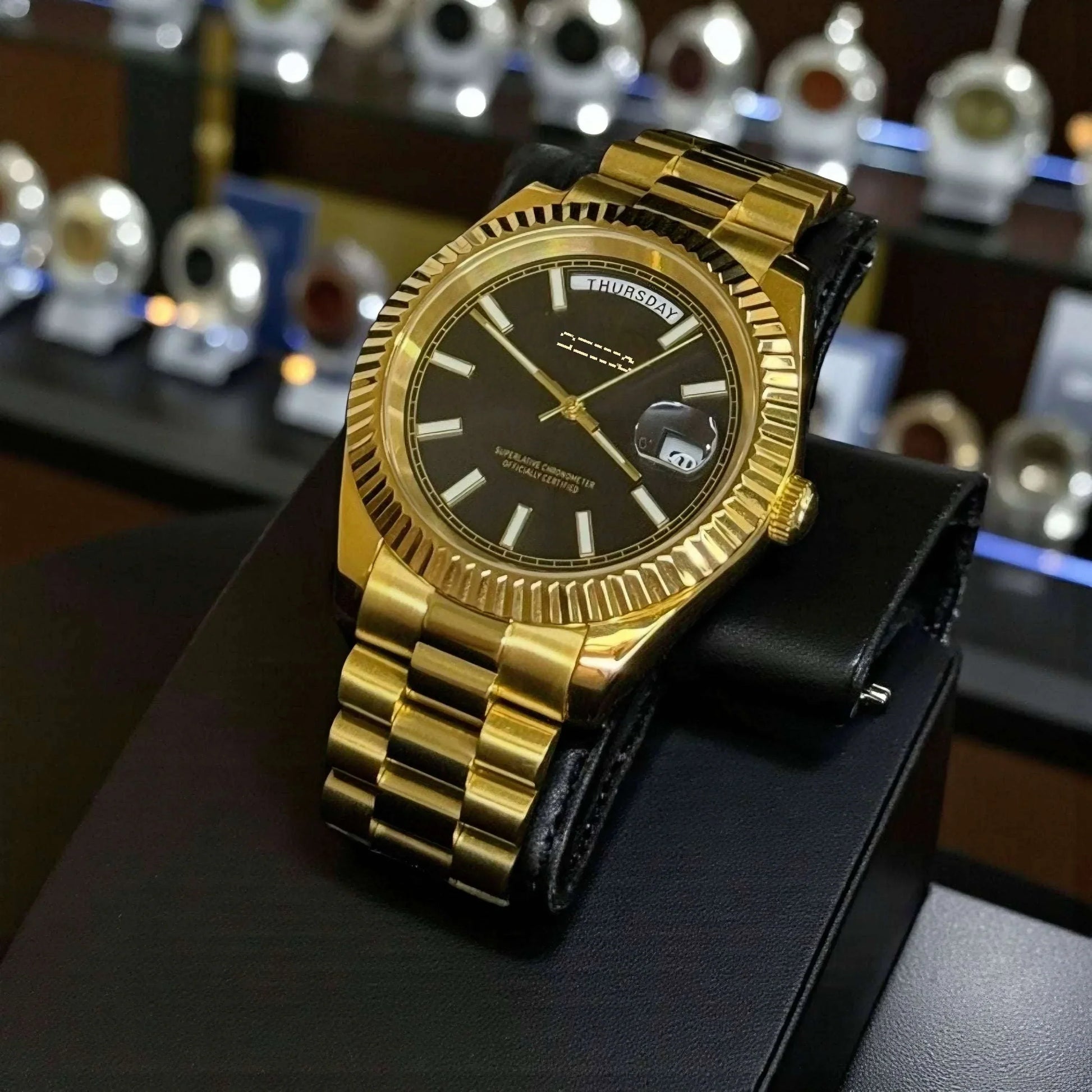 Seiko Mod Day & Date watch with black and gold dial from Modtime Creations