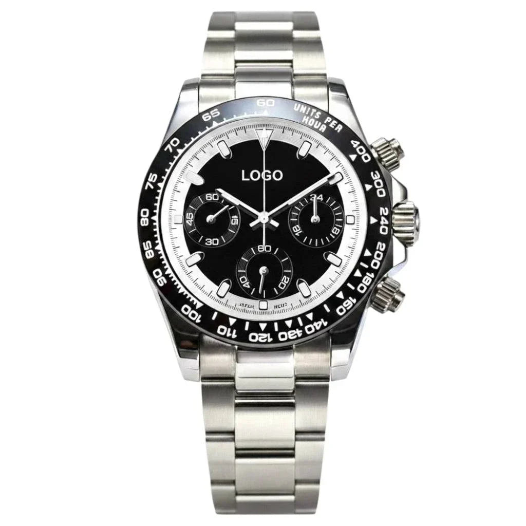 Seitona Black Seiko Mod chronograph watch with white dial and stainless steel case