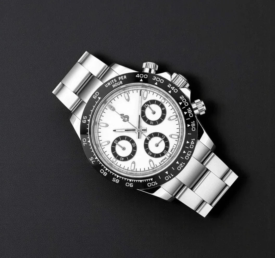 Seiko Mod Seitona Black and White Panda Dial luxury chronograph watch with stainless steel bracelet