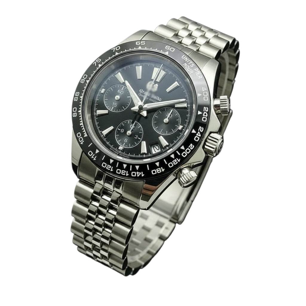 Grand Seitona black dial Seiko Mod chronograph watch with stainless steel bracelet and ceramic bezel