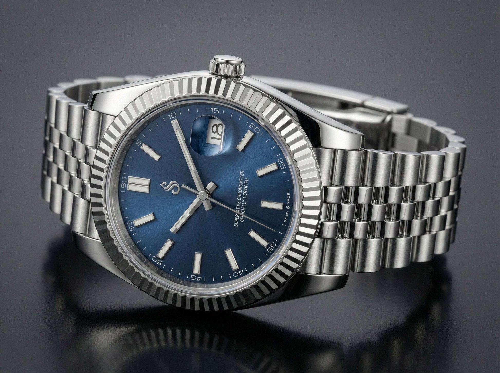 Seiko mod watch with silver blue dial and date window by Modtime Creations