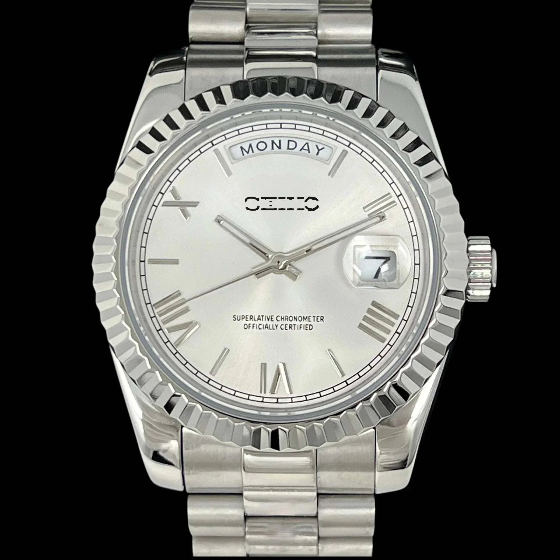 Modded Seiko Day & Date silver white dial watch by Modtime Creations