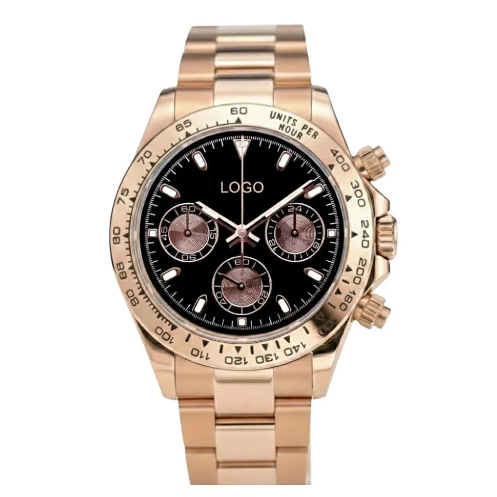 Seitona Rose Gold Black Dial luxury chronograph watch with stainless steel bracelet and ceramic bezel
