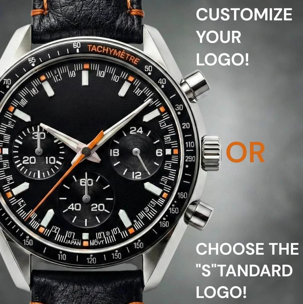 SeikSpeed Chronograph black orange dial Seiko mod watch with VK63 hybrid movement and stainless steel bracelet