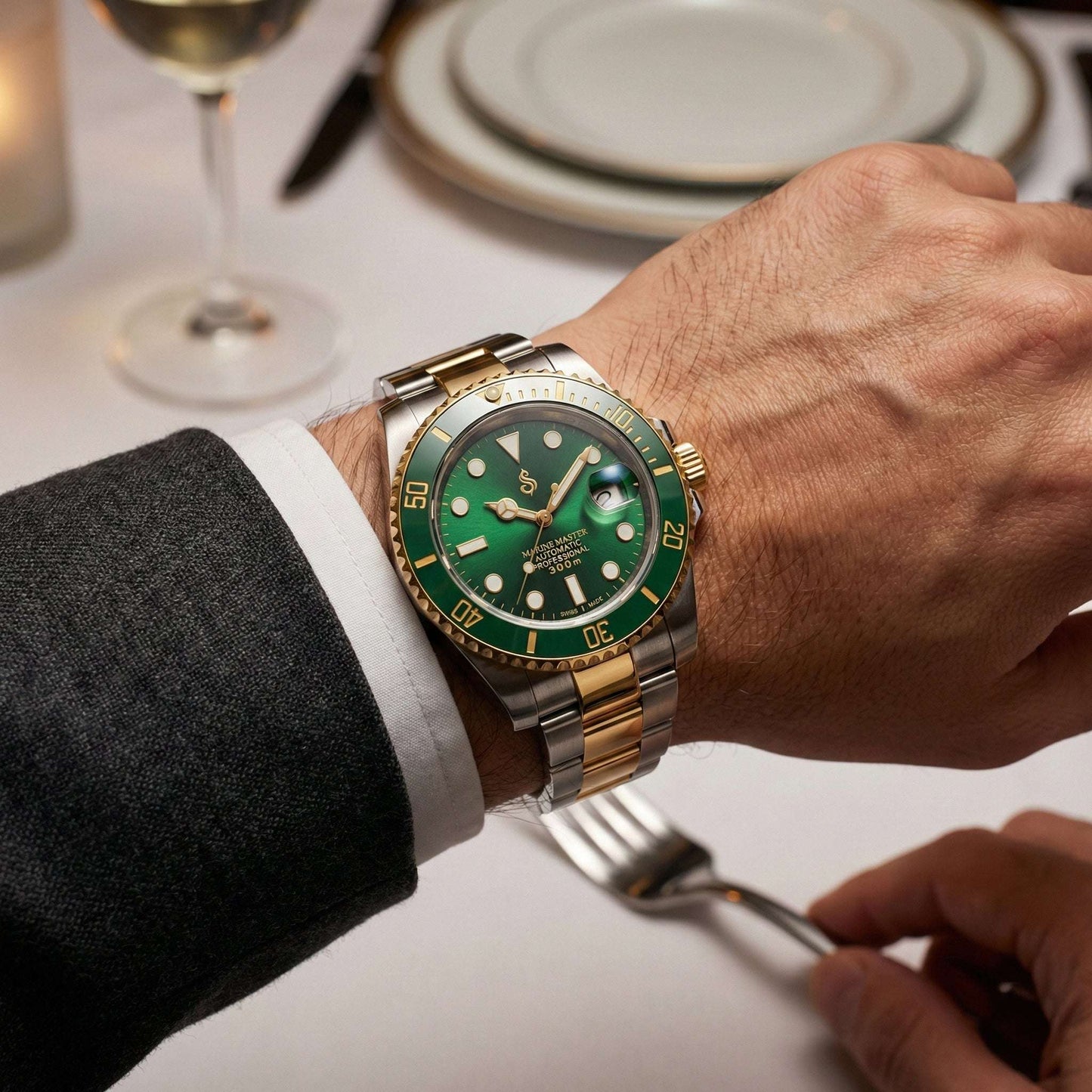 SeikMariner two-tone green gold Seiko Mod luxury diver watch with NH35 automatic movement and sapphire crystal