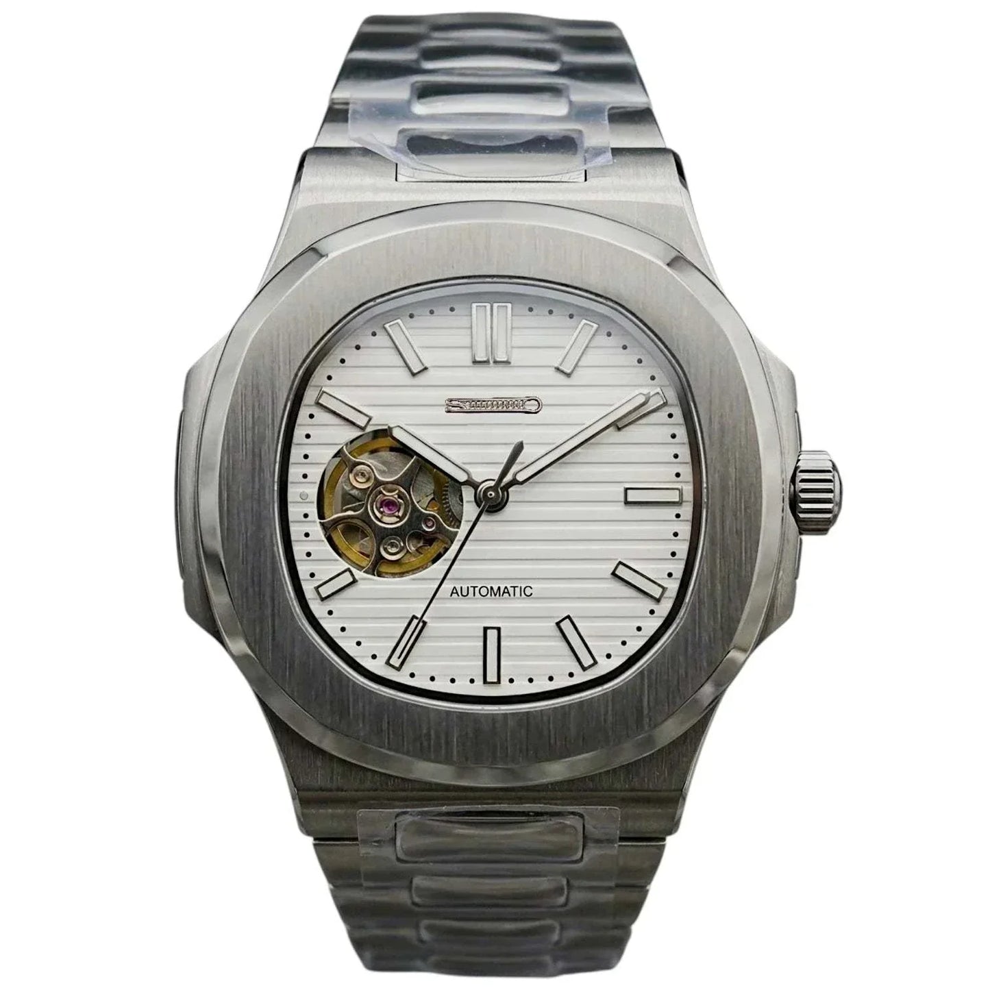 Seiko Mod Nautilus open-heart white dial watch with stainless steel case and sapphire crystal