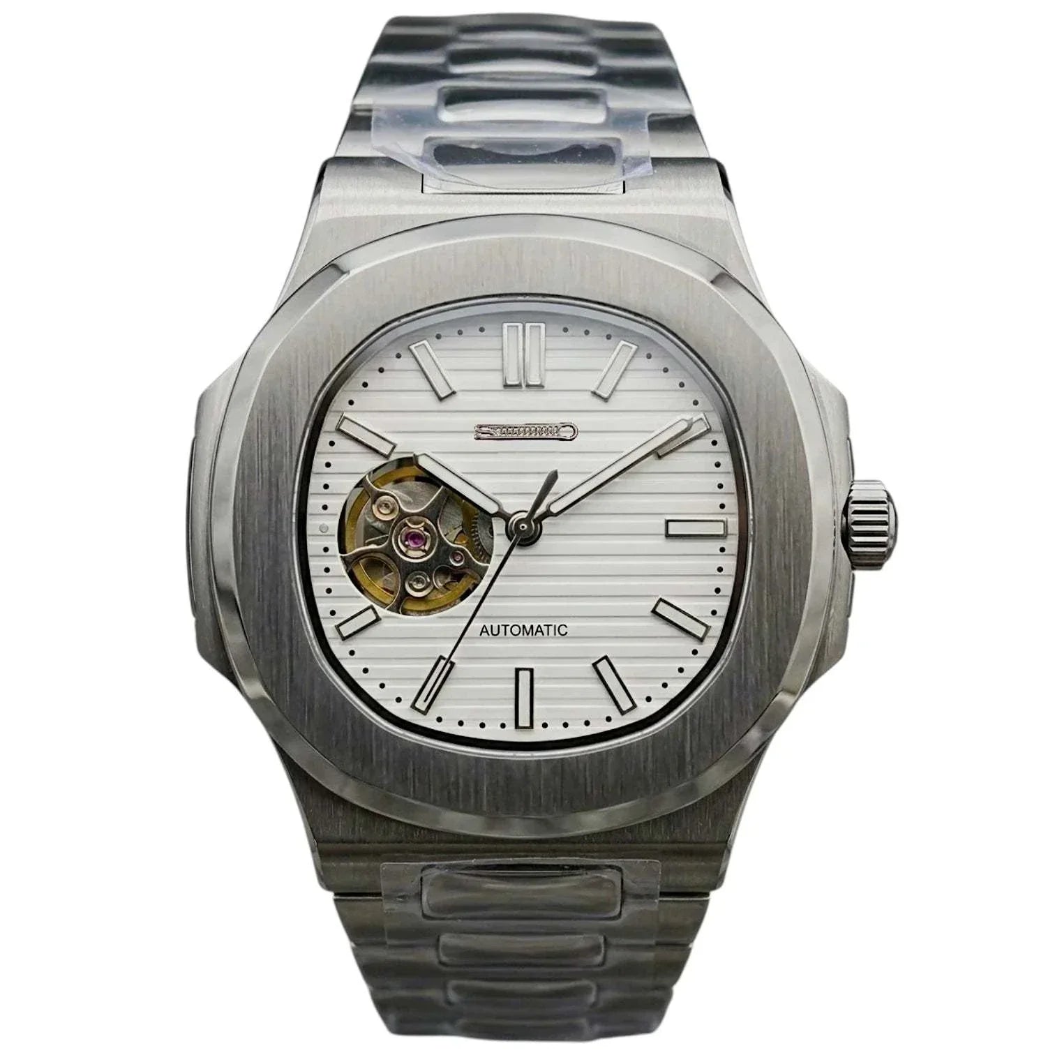 Seiko Mod Nautilus open-heart white dial watch with stainless steel case and sapphire crystal