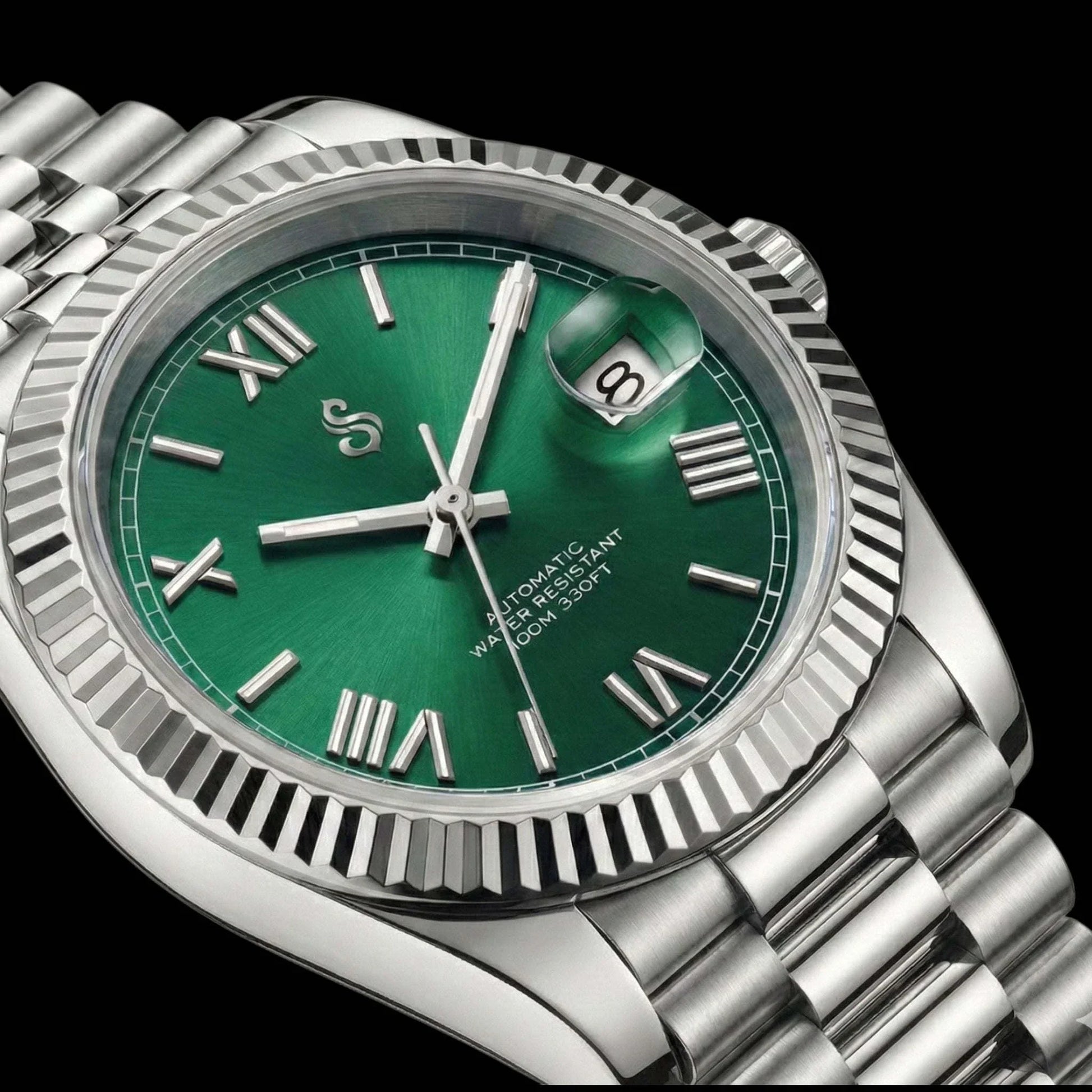 SeikJust Seiko Mod watch with green dial, Roman numerals, and date window by Modtime Creations