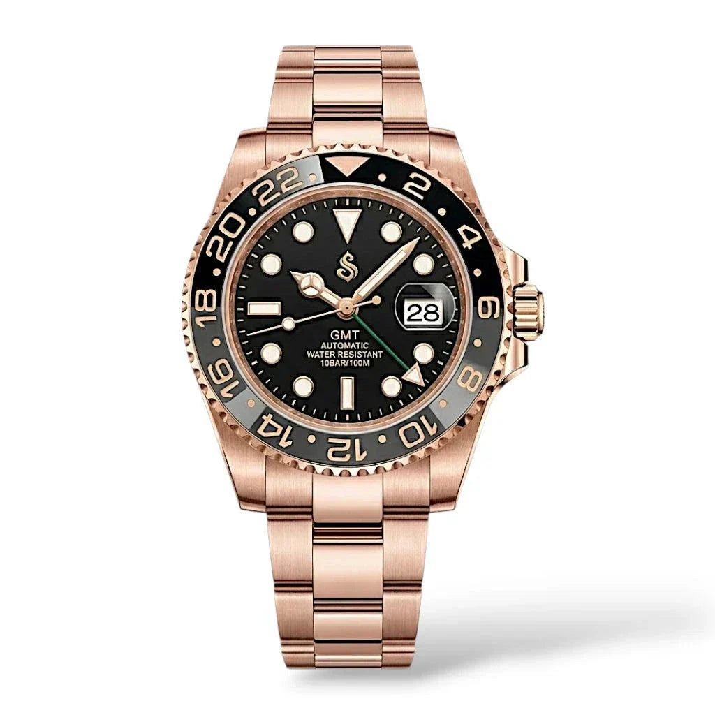 Seiko Mod GMT rose gold watch with grey black dial and ceramic bezel by Modtime