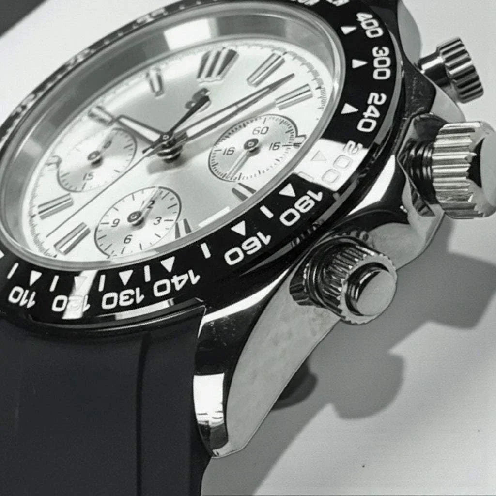 Grand Seitona Seiko mod watch with white and black panda dial, 40mm chronograph, stainless steel case, and sapphire crystal glass.