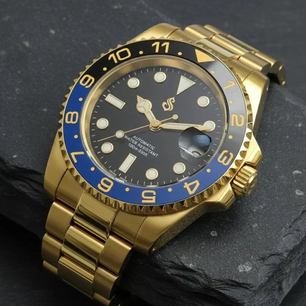 SeikMariner Gold Batman Seiko Mod diver watch with blue and black bezel by Modtime Creations