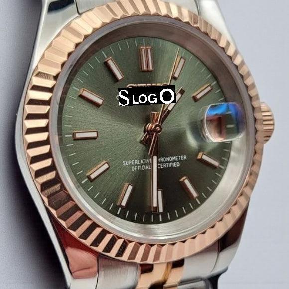 Seiko Mod Datejust Two-Tone Olive Dial Gold Fluted Bezel - Modtime 