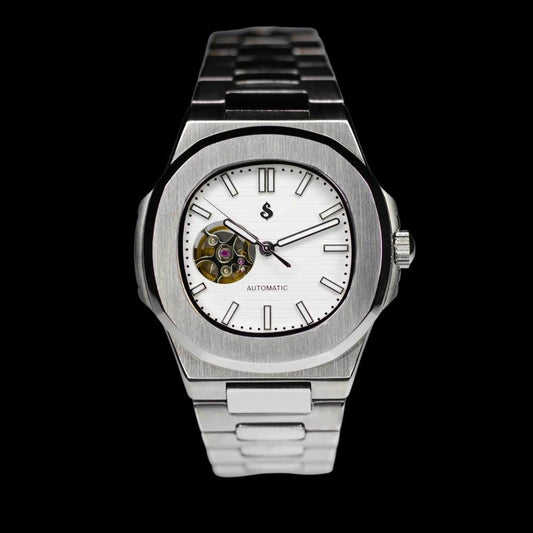 Seiko Mod Nautilus White Open-Heart Dial watch - Modtime Creations 