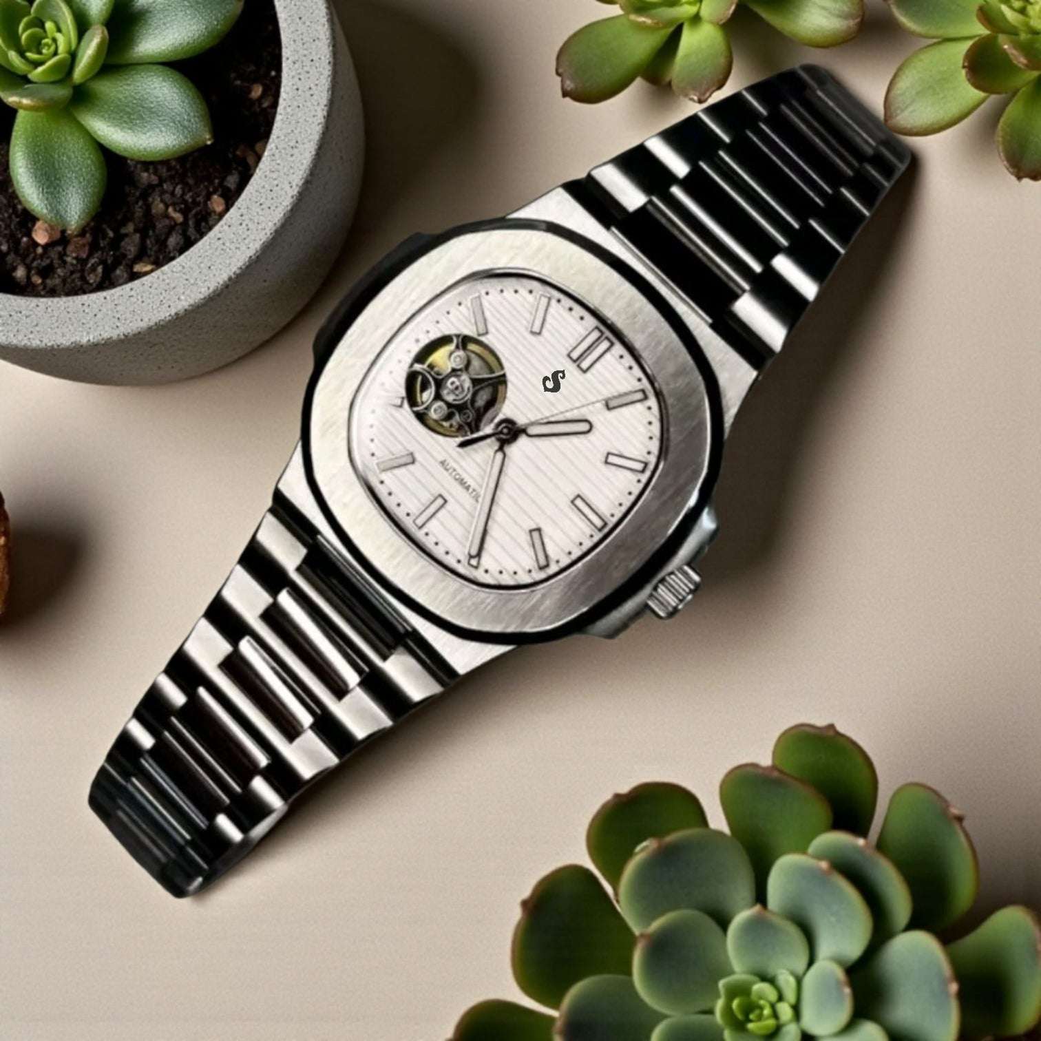 Seiko Mod Nautilus White Open-Heart Dial watch - Modtime Creations 