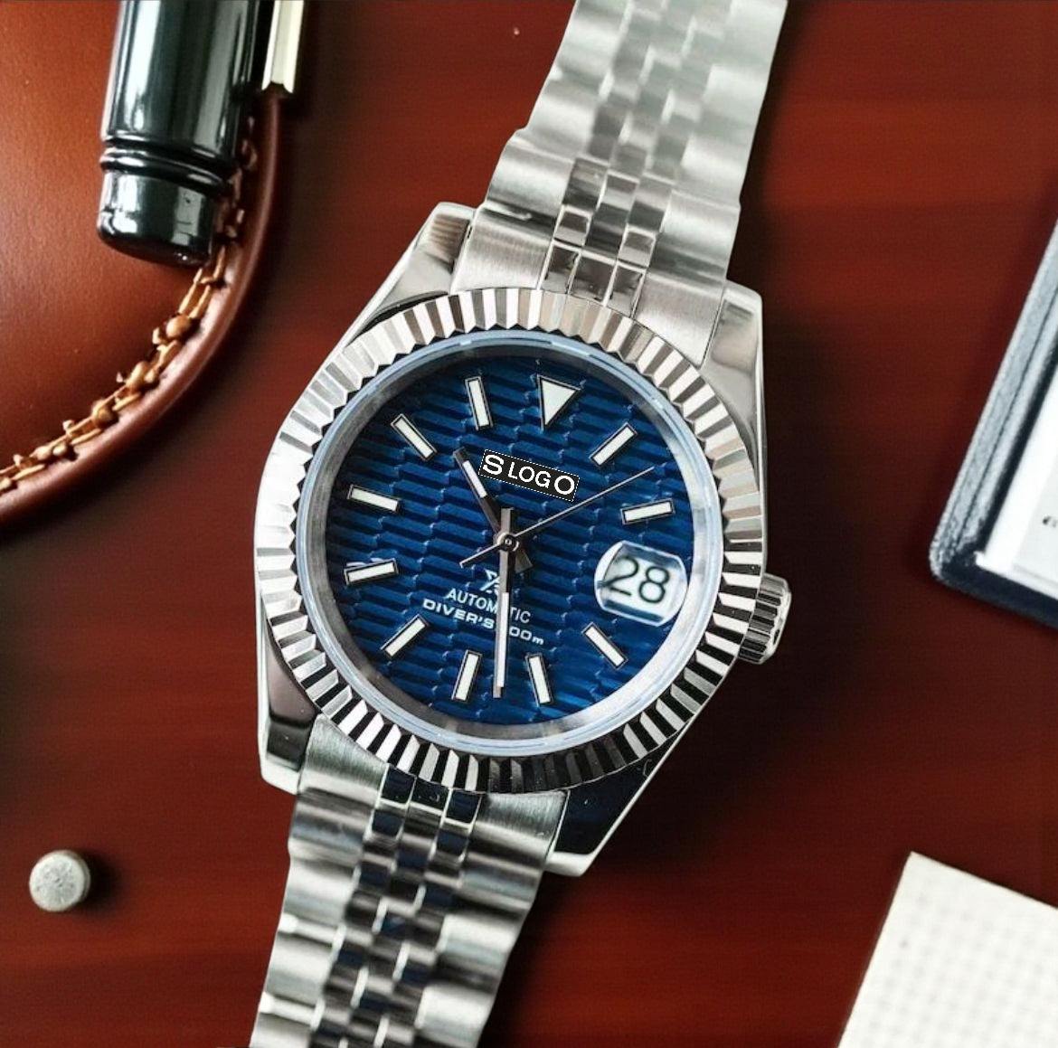 SeikJust Date Window Blue Ripple Motif Dial Mod - Modtime - MODTIME