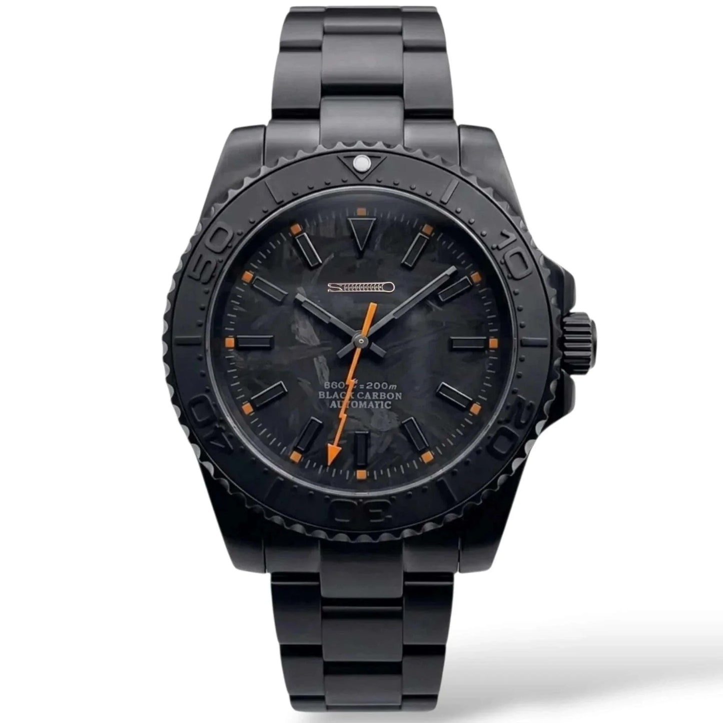 Seiko Mod watches. A close-up of a custom black carbon automatic Yachtmaster watch with a textured black and orange strap, featuring a dark dial and date window. 