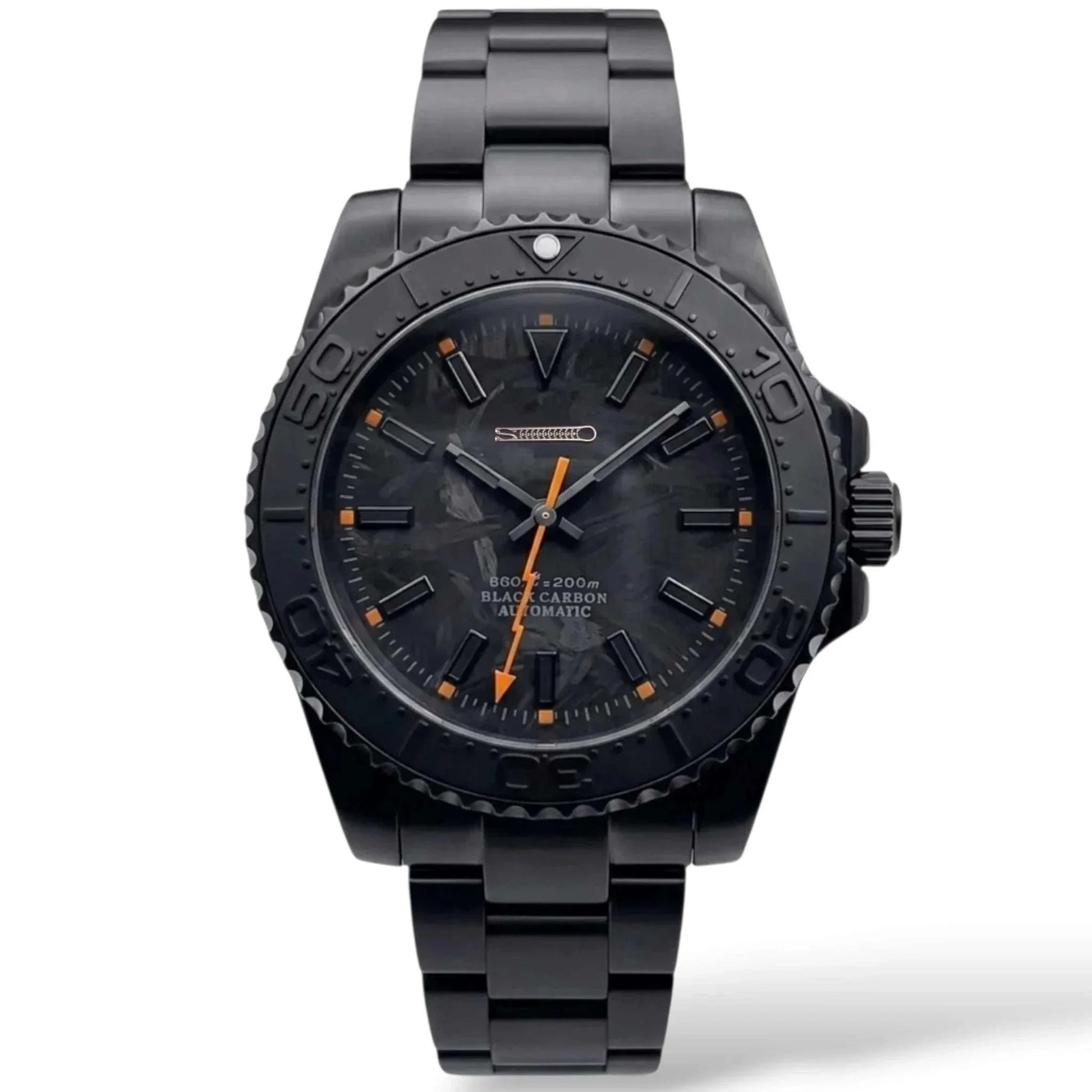 Seiko Mod watches. A close-up of a custom black carbon automatic Yachtmaster watch with a textured black and orange strap, featuring a dark dial and date window. 