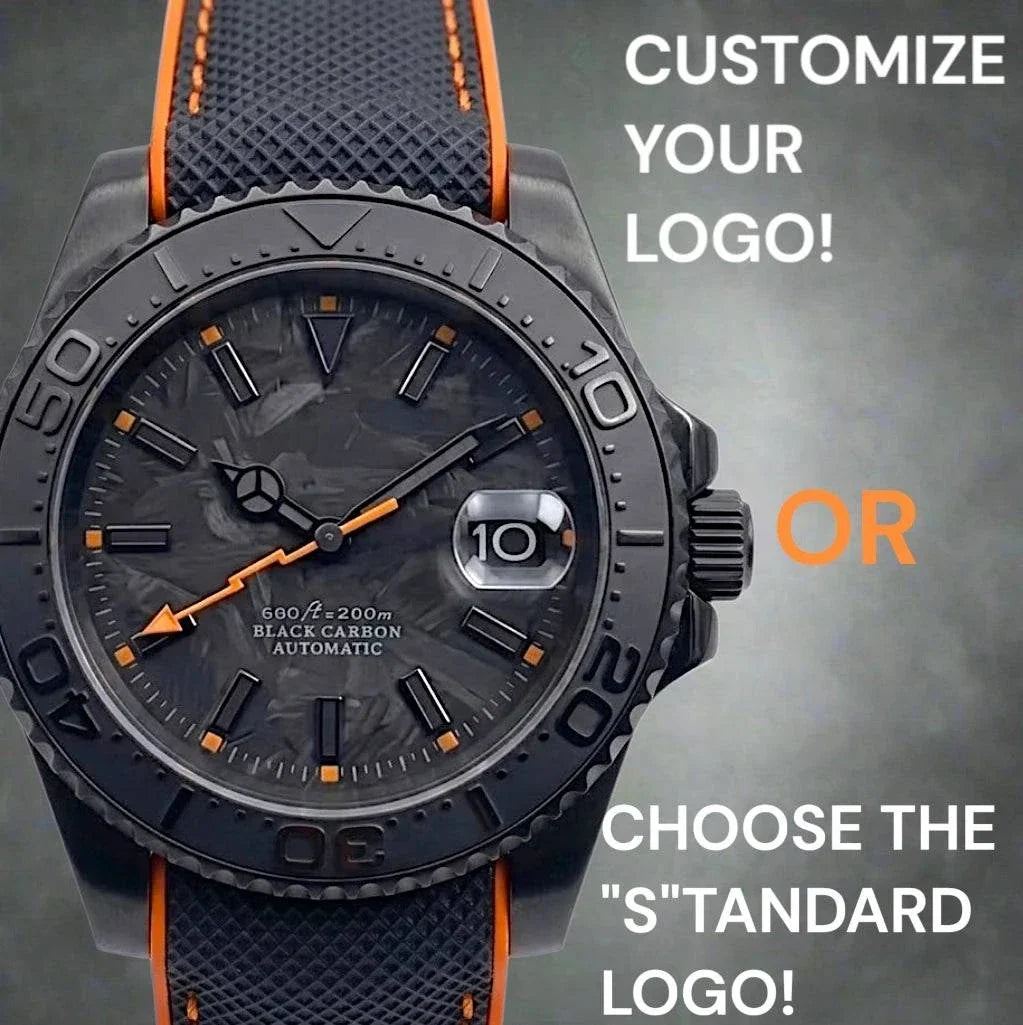 Seiko Mod watches. A close-up of a custom black carbon automatic Yachtmaster watch with a textured black and orange strap, featuring a dark dial and date window. Text overlays on the right read 'CUSTOMIZE YOUR LOGO! OR CHOOSE THE S'TANDARD LOGO!'.