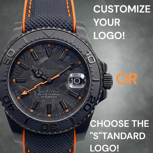 Seiko Mod watches. A close-up of a custom black carbon automatic Yachtmaster watch with a textured black and orange strap, featuring a dark dial and date window. Text overlays on the right read 'CUSTOMIZE YOUR LOGO! OR CHOOSE THE S'TANDARD LOGO!'.