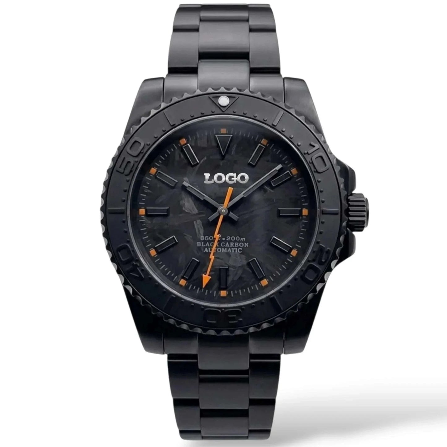 Seiko Mod watches. A close-up of a custom black carbon automatic Yachtmaster watch with a textured black and orange strap, featuring a dark dial and date window. 