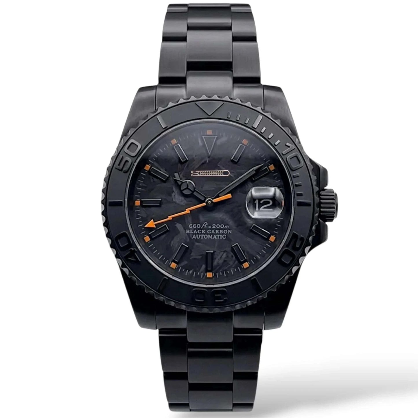 Seiko Mod watches. A close-up of a custom black carbon automatic Yachtmaster watch with a textured black and orange strap, featuring a dark dial and date window. 
