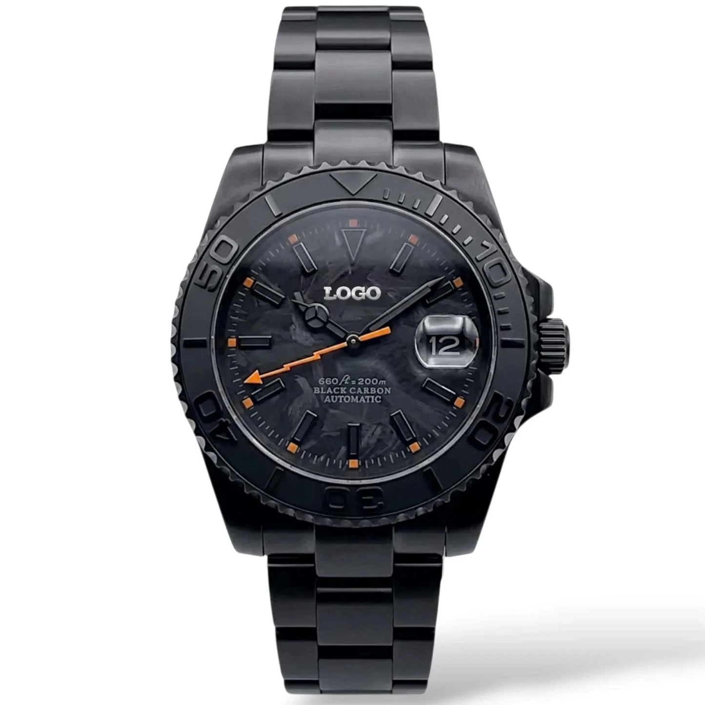 Seiko Mod watches. A close-up of a custom black carbon automatic Yachtmaster watch with a textured black and orange strap, featuring a dark dial and date window. 