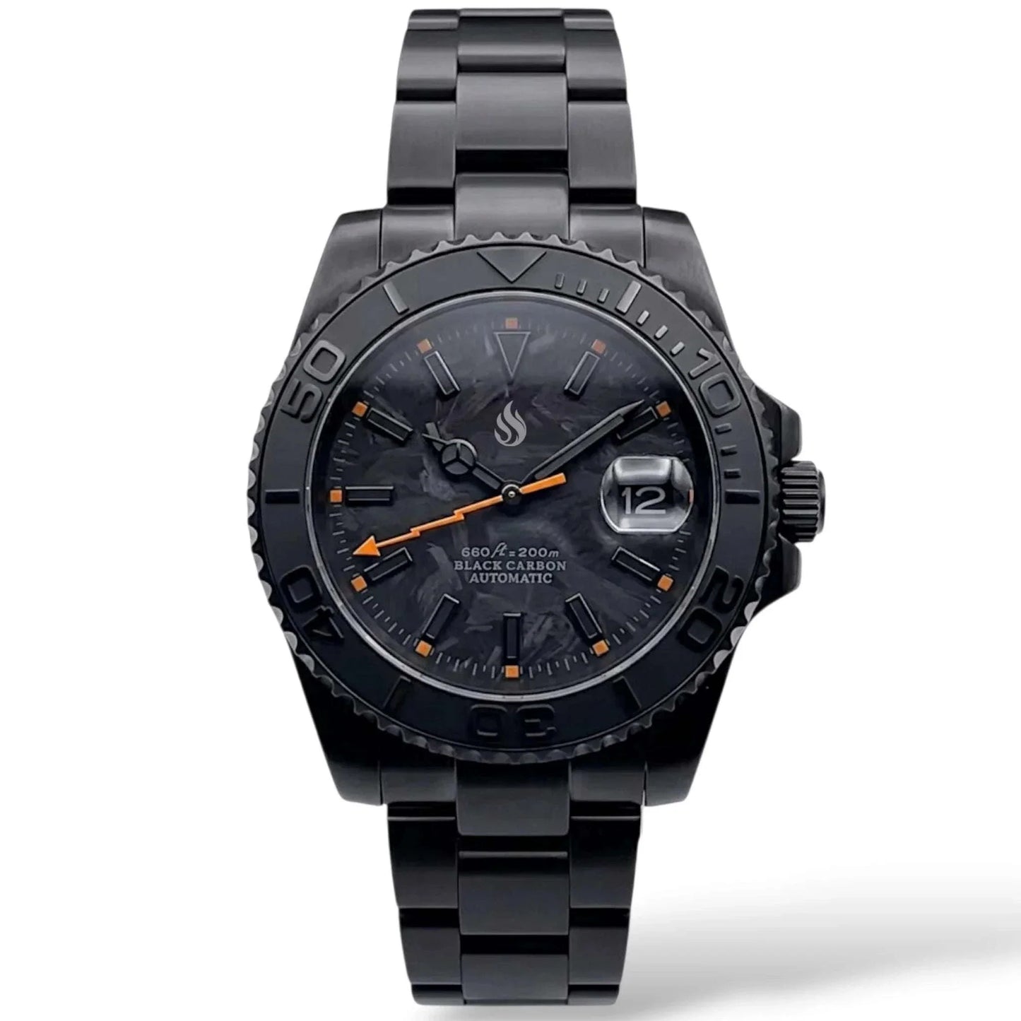 Seiko Mod watches. A close-up of a custom black carbon automatic Yachtmaster watch with a textured black and orange strap, featuring a dark dial and date window. 