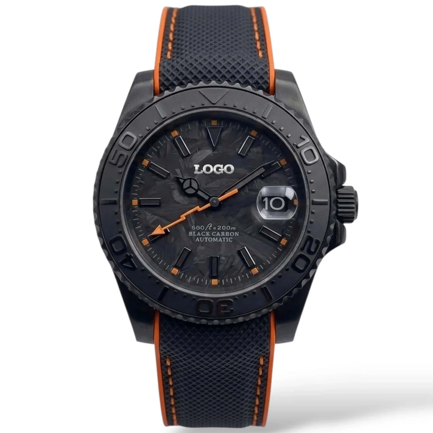 Seiko Mod watches. A close-up of a custom black carbon automatic Yachtmaster watch with a textured black and orange strap, featuring a dark dial and date window. 
