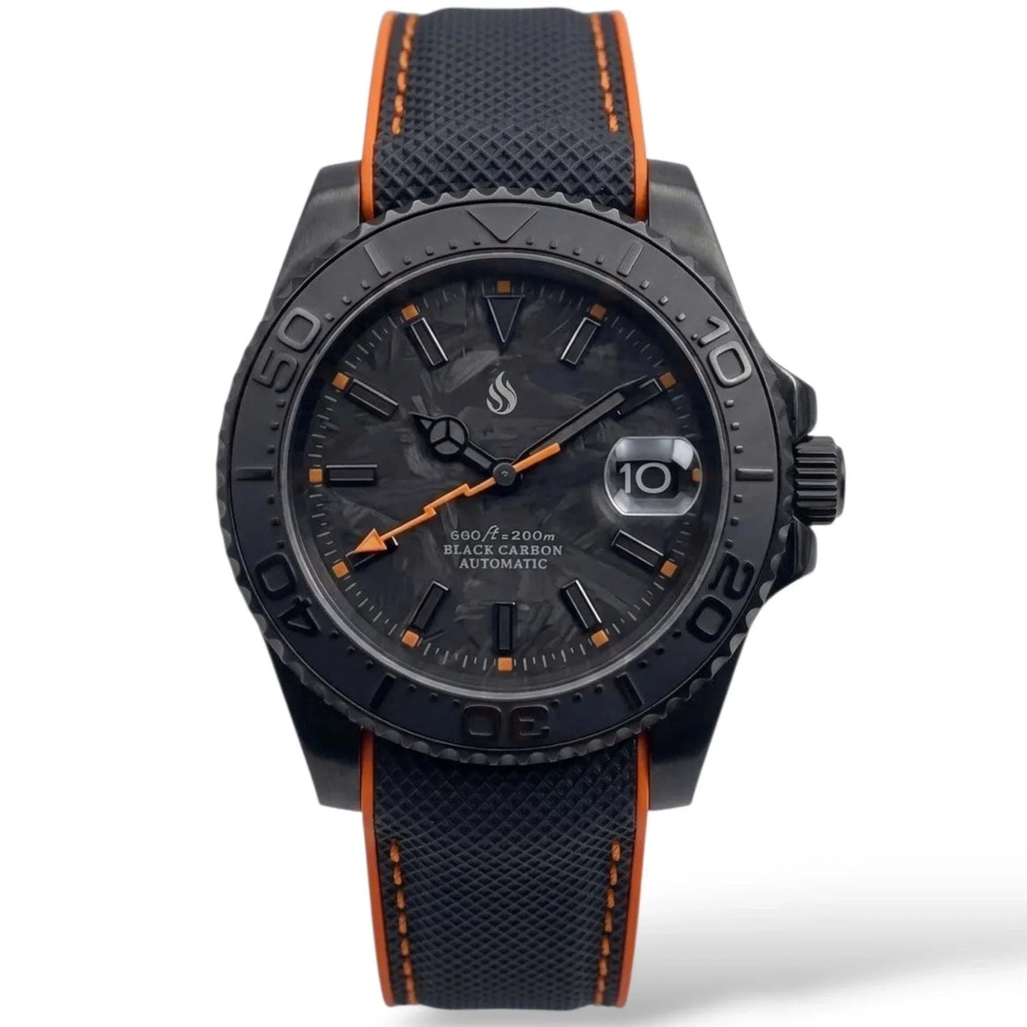 Seiko Mod watches. A close-up of a custom black carbon automatic Yachtmaster watch with a textured black and orange strap, featuring a dark dial and date window. 