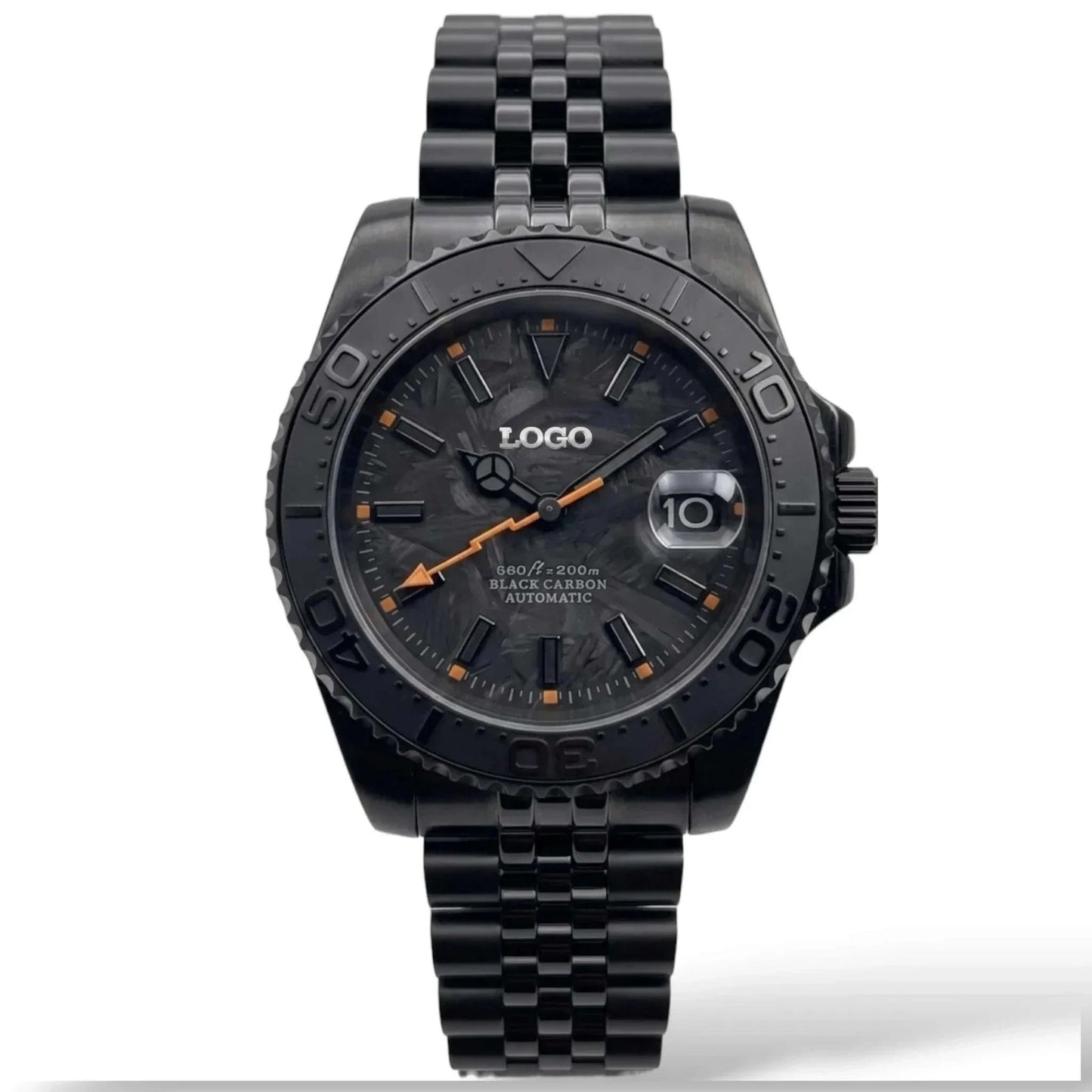 Seiko Mod watches. A close-up of a custom black carbon automatic Yachtmaster watch with a textured black and orange strap, featuring a dark dial and date window. 