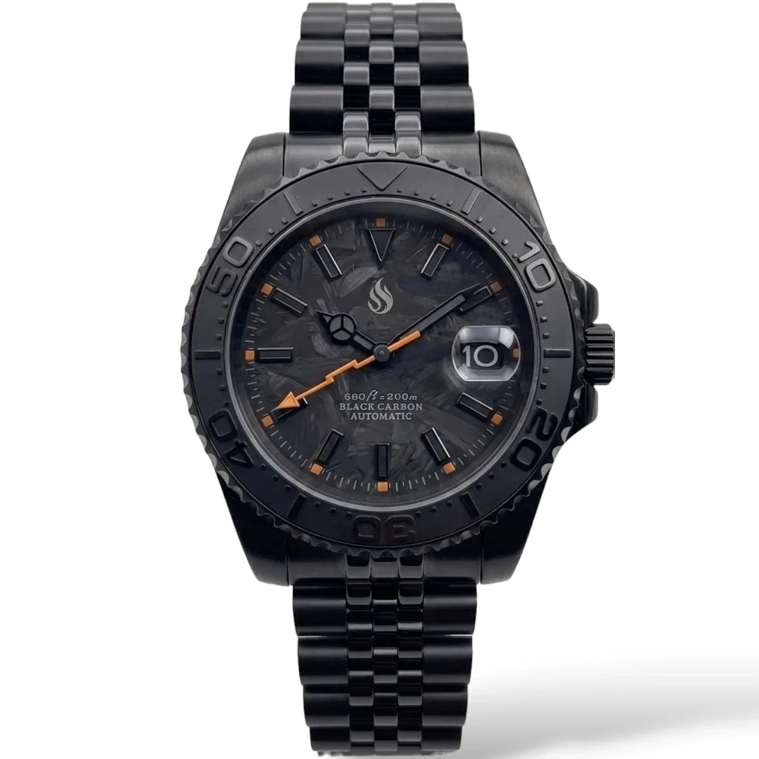 Seiko Mod watches. A close-up of a custom black carbon automatic Yachtmaster watch with a textured black and orange strap, featuring a dark dial and date window. 