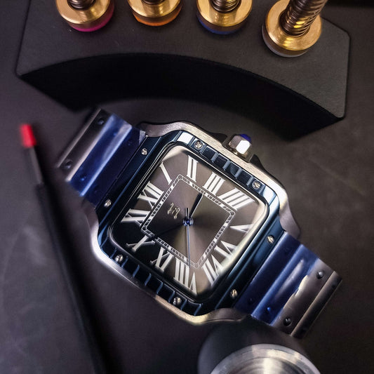 Seiko Mod Santos Homage Two - Tone Blue Bezel Silver - Modtime - MODTIME