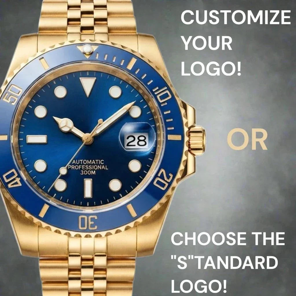 Seiko Submariner Bluesy Gold Series luxury Mod watch with NH35 automatic movement and sapphire crystal by modtime creations