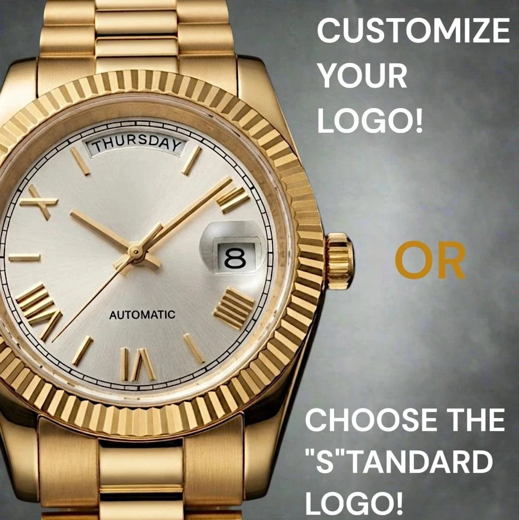 Modded Seiko watch Gold with white Roman numerals dial and daydate display by Modtime Creations